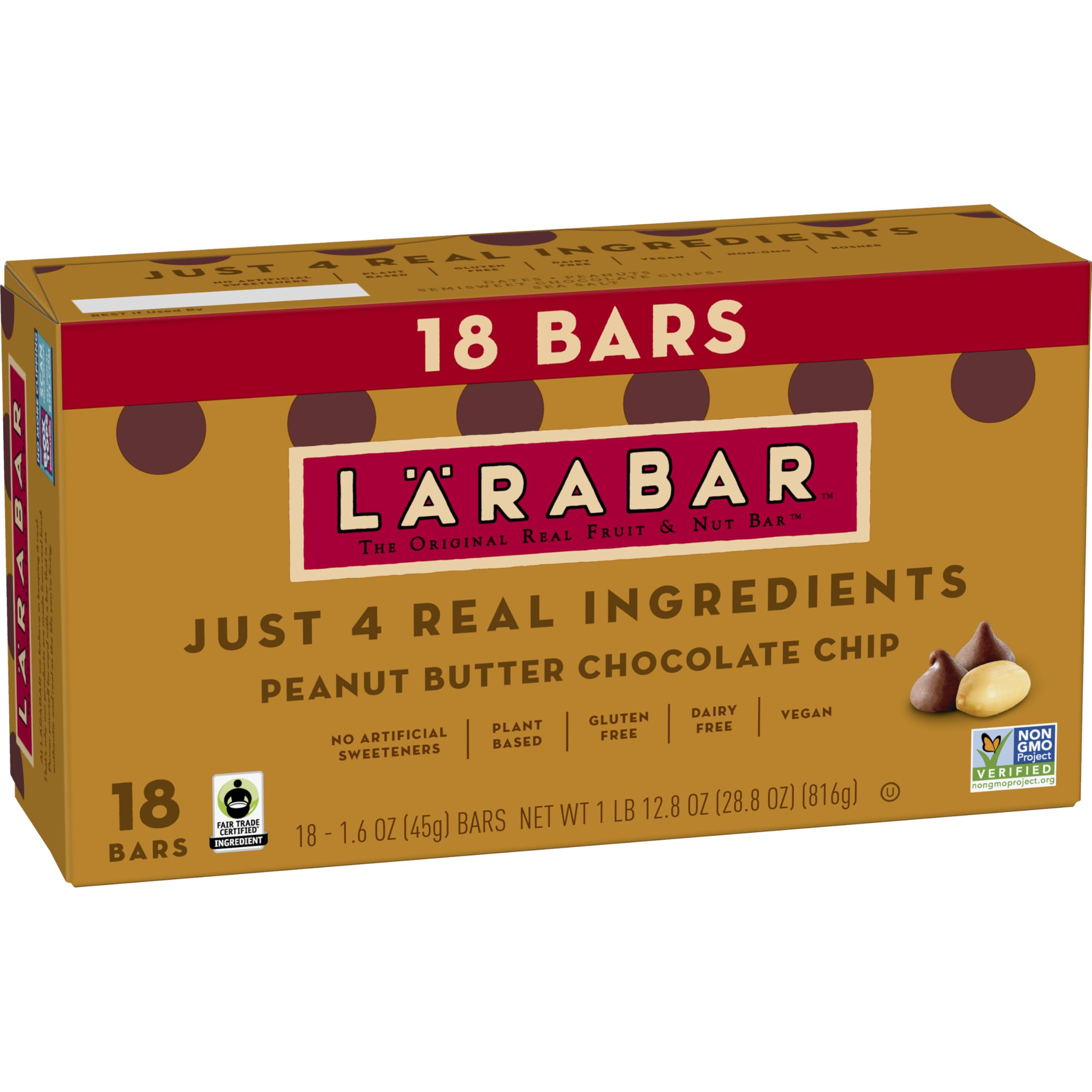 Larabar Peanut Butter Chocolate Chip, Fruit and Nut Bars, Gluten Free and Vegan, 18 Ct, 28.8 oz