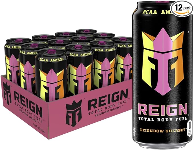 REIGN Total Body Fuel, Reignbow Sherbet, Fitness & Performance Drink, 16 Fl Oz (Pack of 12)