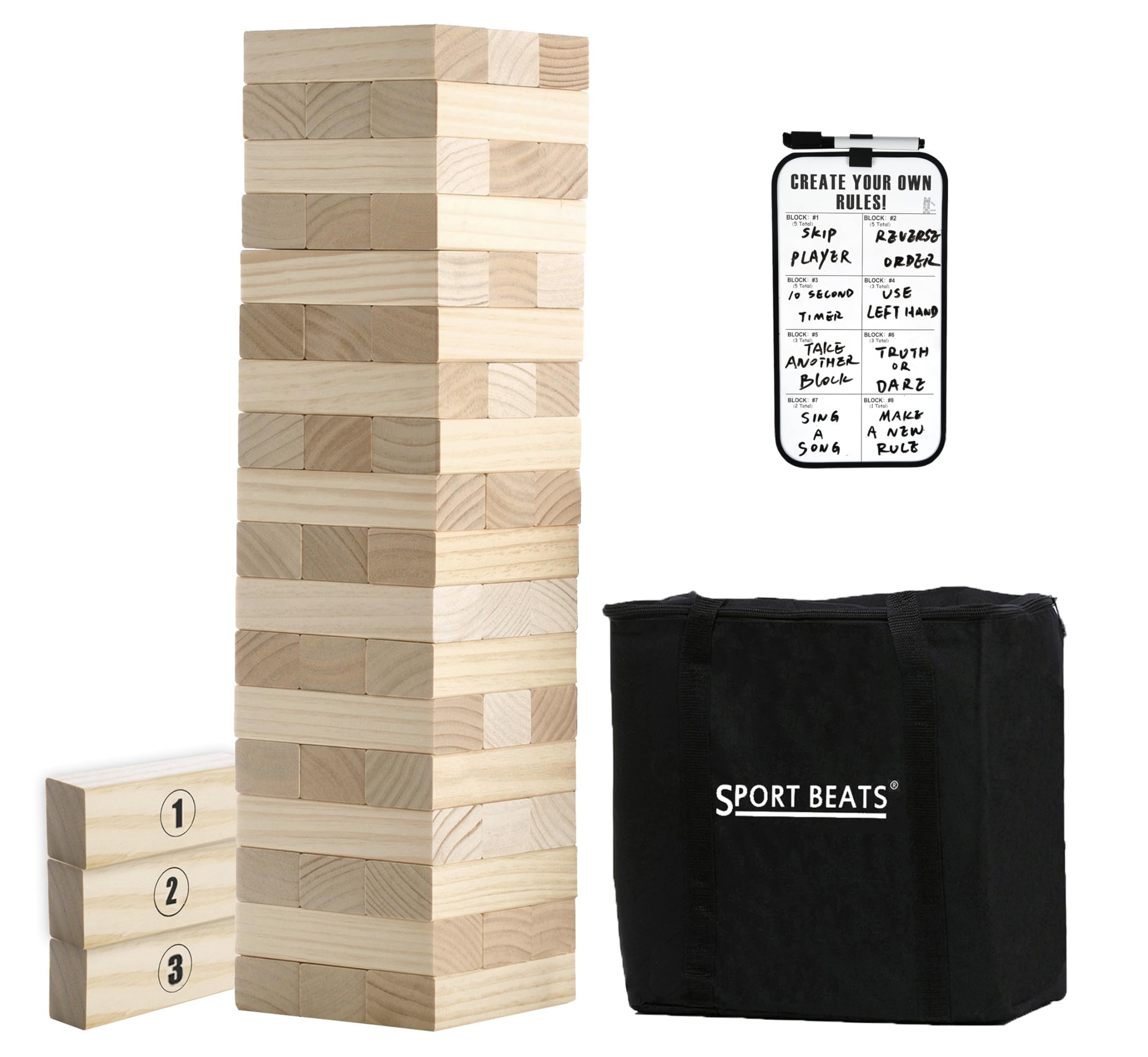 Outdoor Games Large Wooden Tower Stacking Game - 54 Premium Pine Blocks Stack up to 4FT with Custom Rules Board & Heavy Duty Carry Bag - Outdoor Lawn Games for Backyard Parties, Camping, Tailgating