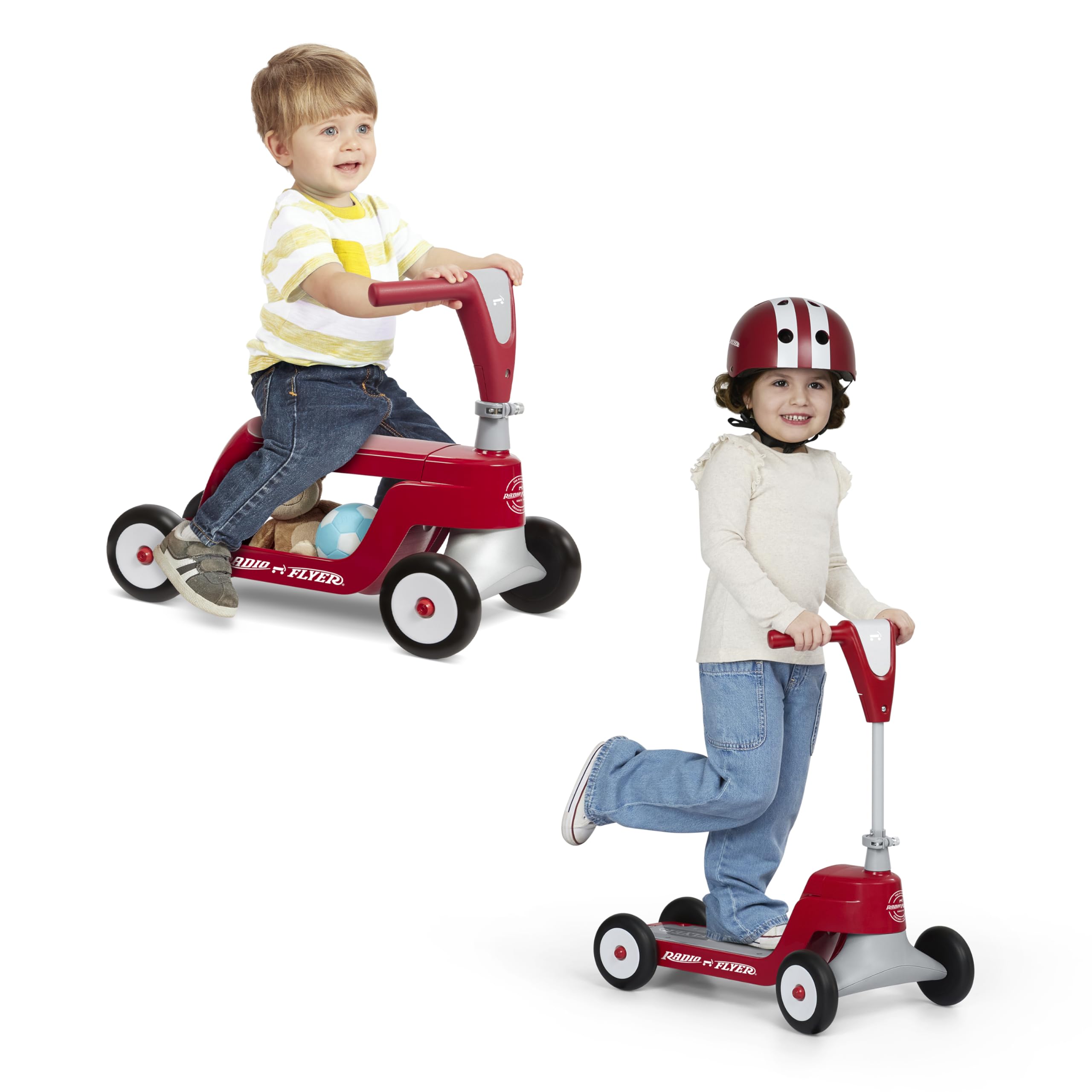 Radio Flyer Scoot 2 Scooter, Blue/Red/Pink, for Kids Ages 1-4, Ride On Toy or 4-Wheel Kids Scooter, Durable Wheels and Frame, Converts Easily with Flip Deck, Toddler Ride On Toys ( Exclusive)