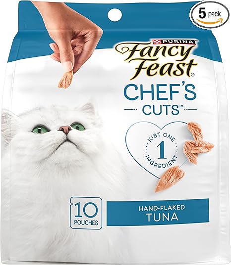 Purina Fancy Feast Purely Hand-Flaked Tuna Cat Treats, Steam-Baked Real Tuna, Pack of 5, 10 Count Pouches
