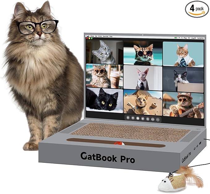 3-in-1 Cardboard Cat Scratcher Laptop with 'Mouse' Jingle Ball, Stickers, Grey Cat Interactive Toy, Kitten Toy & Cat Scratching Pad