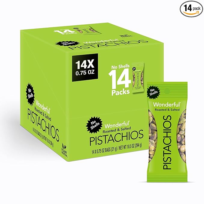 Wonderful Pistachios No Shells, Roasted & Salted Nuts, 0.75 Ounce Bag (Pack of 14), Protein Snacks, Vegan Snacks, On-the-Go, Individual Snacks for Adults