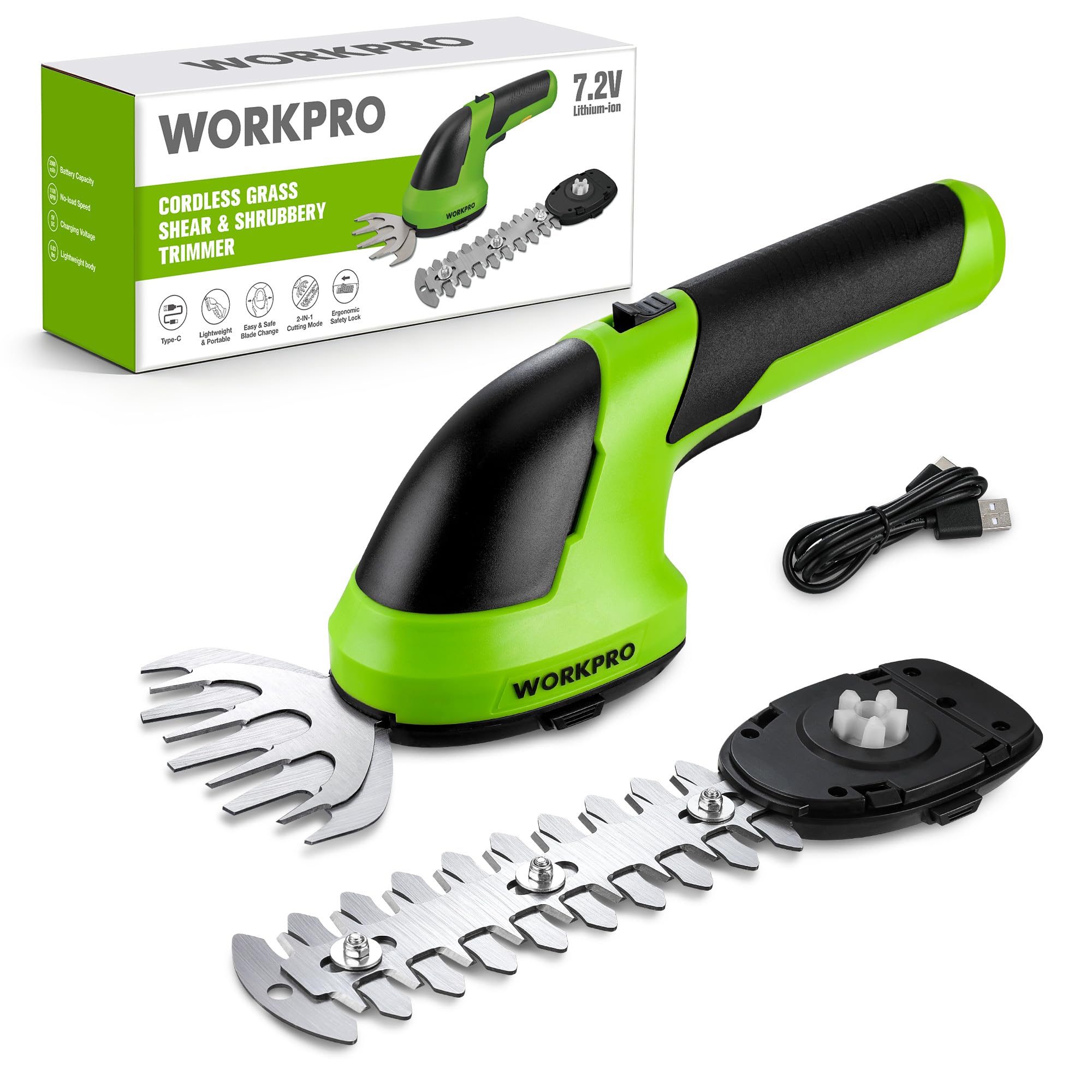 WORKPRO Cordless Grass Shear & Shrubbery Trimmer - 2 in 1 Handheld 7.2V Electric Grass Trimmer Hedge Shears/Grass Cutter Rechargeable Lithium-Ion Battery and Type-C Cable Included