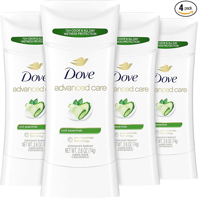 Dove Advanced Care Antiperspirant Deodorant Stick Cool Essentials 4 ct for helping your skin barrier repair after shaving 72 hour odor control and sweat protection with Pro Ceramide Technology 2.6 oz