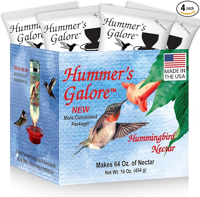 Hummer's Galore Made in USA Hummingbird Food - Ready-to-Mix Hummingbird Nectar, All-Natural Nectar Collector Formula, No Preservatives or Dyes, Makes 64 Ounces (4 Packets Included)