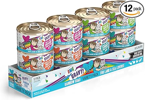 Weruva B.F.F. OMG - Best Feline Friend Oh My Gravy!, Variety Pack, Rainbow Road, Wet Cat Food By, 2.8oz Can (Pack of 12)