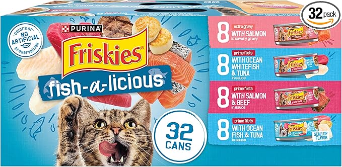 Purina Friskies Wet Cat Food Variety Pack Fish-A-Licious Extra Gravy,  Filets and Tasty Treasures - (Pack of 32) 5.5 oz. Cans