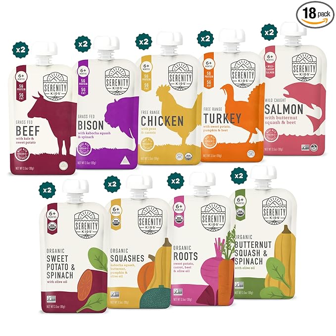 Serenity Kids 6+ Months Baby Food Puree Pouch - 5g Protein-Packed Toddler Snacks - Organic Meat & Veggie Food Pouches - Recyclable Containers for Toddler Meals - 3.5 Oz, Pack of 18