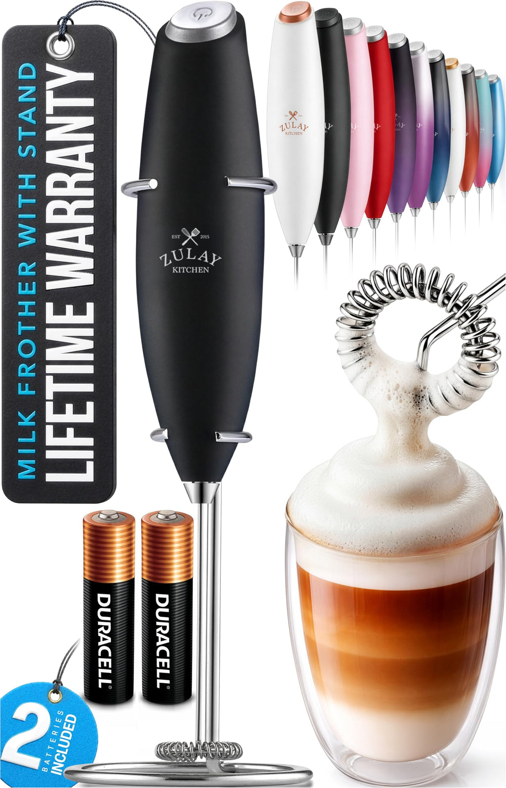 Zulay Kitchen Powerful Milk Frother Wand With 2 Duracell Batteries - Ultra Fast Handheld Drink Mixer - Electric Whisk Foam Maker for Coffee, Lattes, Cappuccino, Matcha, Hot Chocolate & Creamer - Black