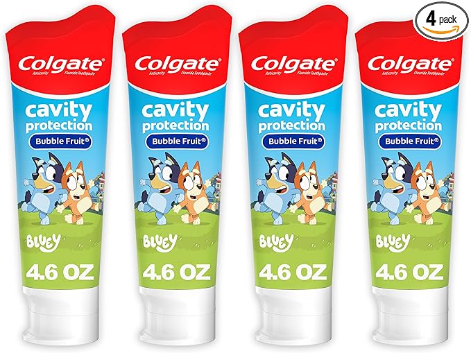 Colgate Kids Bluey Toothpaste with Fluoride for Cavity Protection, Ages 2+, ADA Accepted, Sugar Free and Gluten Free, Bubble Fruit Flavor, 4 Pack, 4.6 Oz Tubes