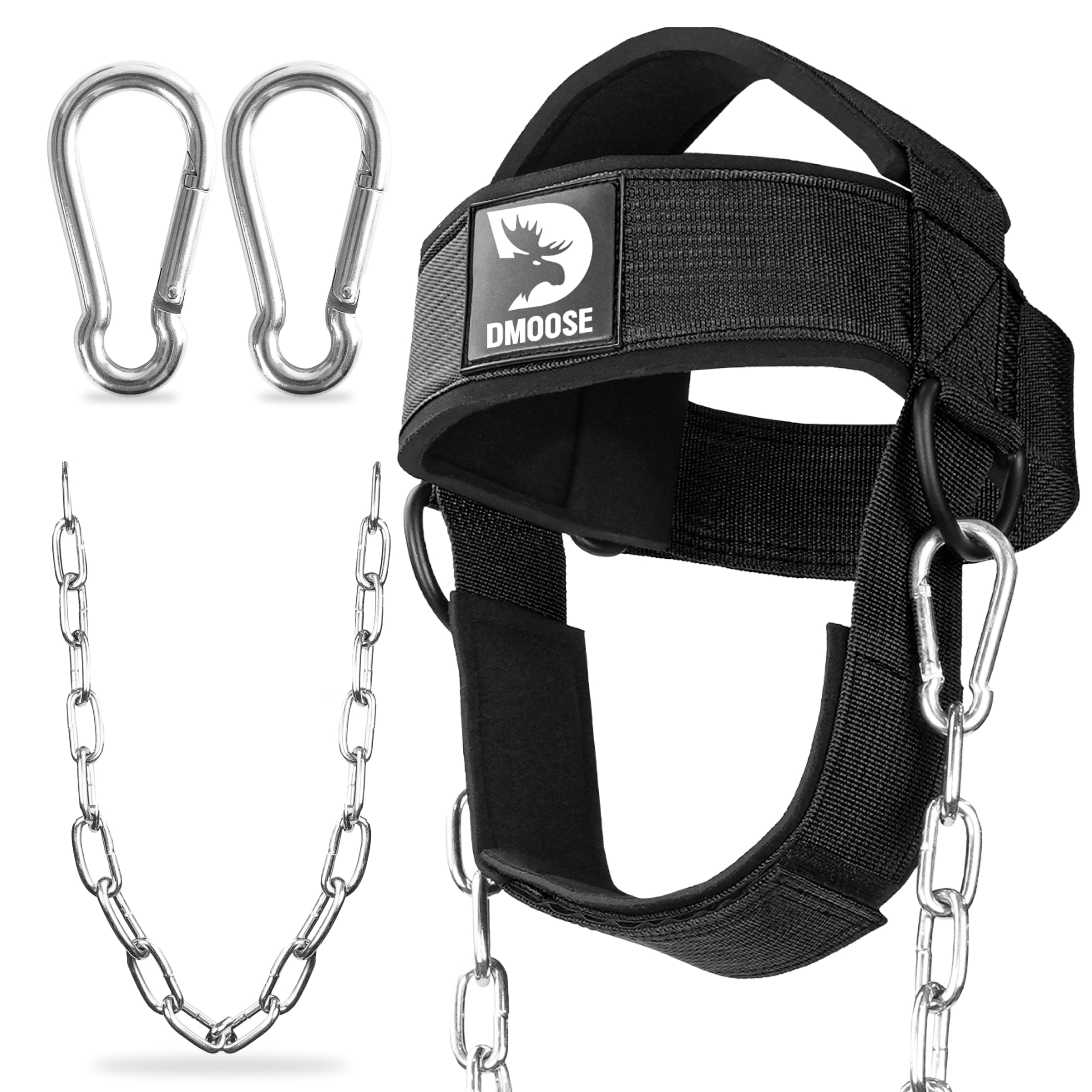 DMoose Fitness Neck Harness for Weight Lifting - Soft Padded Head & Chin Strap with 30" Heavy Duty Steel Chain - Neck Exerciser, Trainer & Strengthener to Support Injury Recovery and Intense Workouts