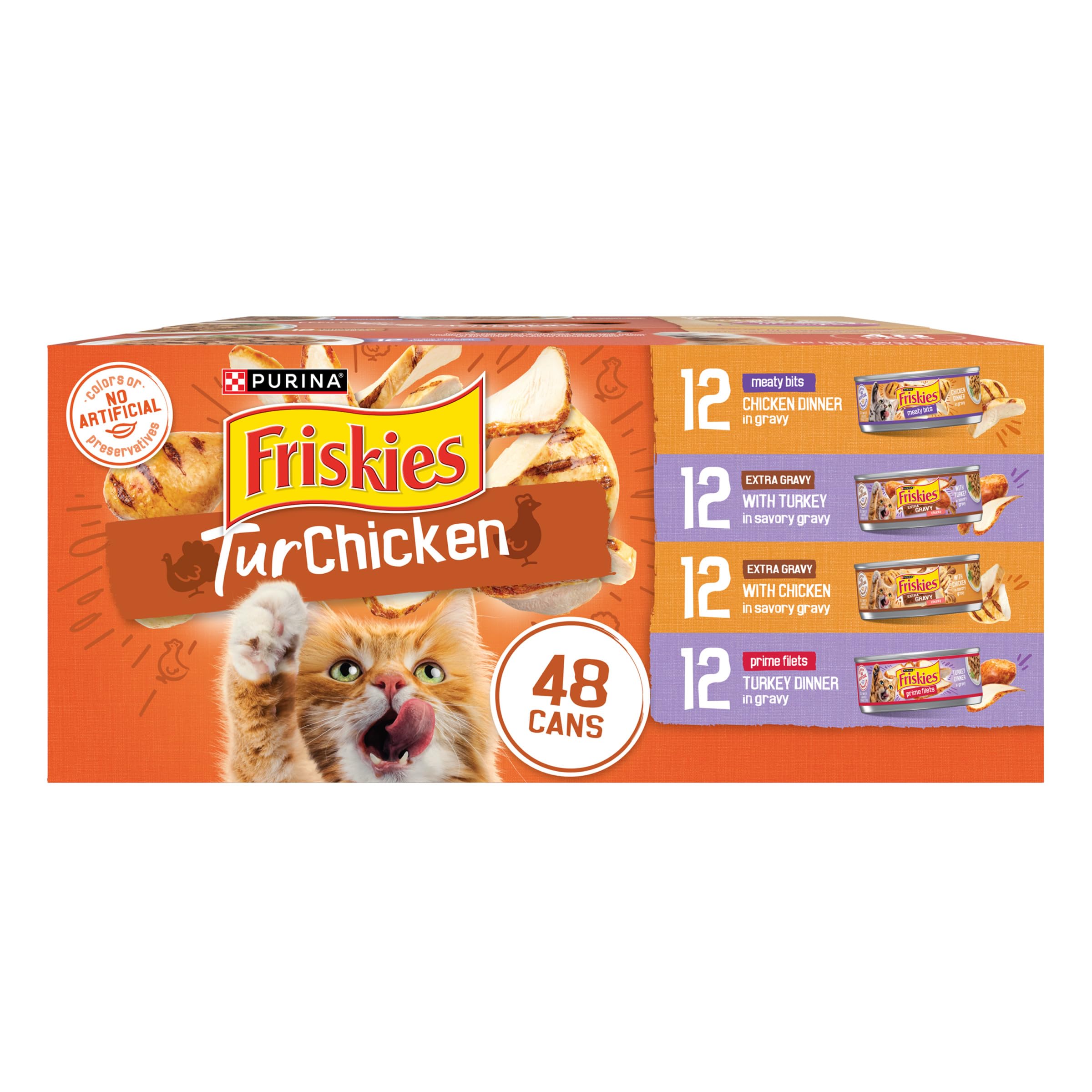 Purina Friskies TurChicken Turkey and Chicken Wet Cat Food Variety Pack with Meaty Bits,  Filets, and Extra Gravy, 48 ct.