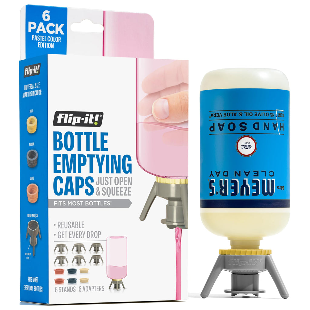 Flip-It! Bottle Emptying Kit – 6 Bottle Pack - No more wasted product - Fits most plastic bottles – 6 Base Caps, 6 Adapters – Pastel Color Edition