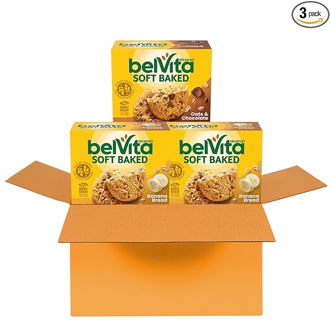 belVita Soft Baked Breakfast Bars Variety Pack, Banana Bread and Oats & Chocolate, 3 Boxes of 5 Packs (1 Biscuit Per Pack)