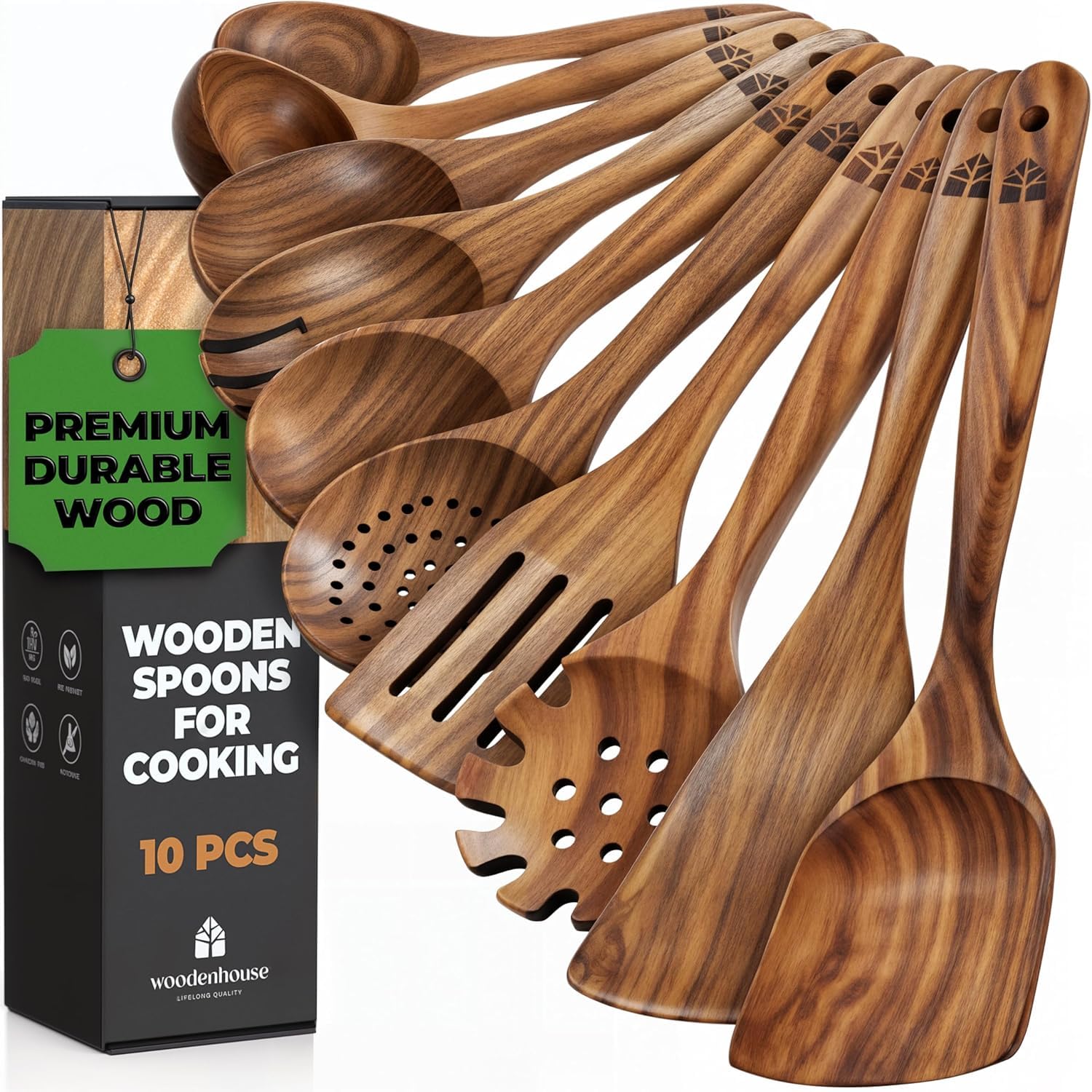 Wooden Spoons for Cooking – 10 Pcs Teak Wood Utensil Set, Durable, Nonstick Safe & Heat Resistant with Ergonomic Handles