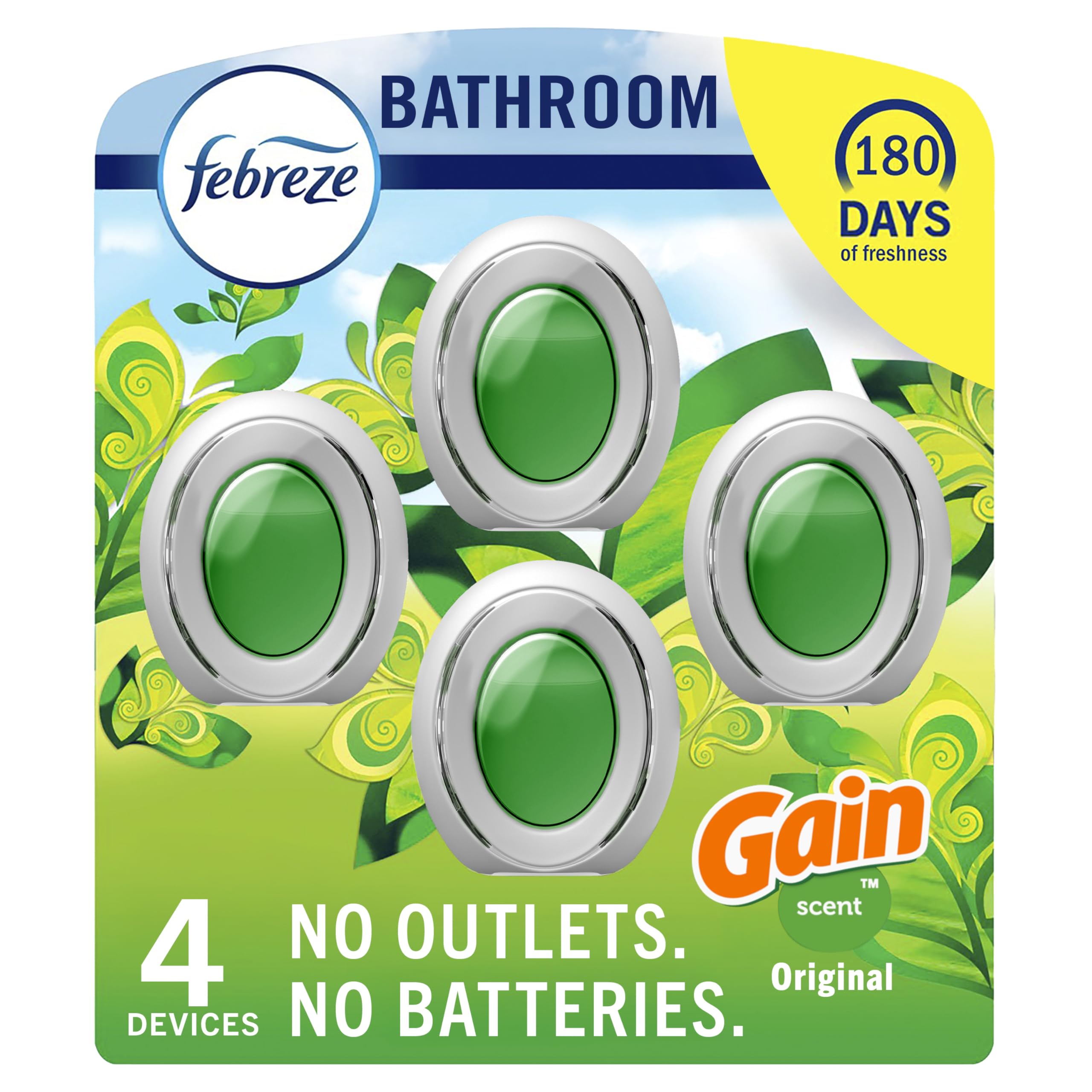 Febreze Bathroom Air Freshener, Odor-Fighting, Plug In Alternative, Air Fresheners for Small Spaces in Home, Bathroom, Kitchen, & Closet, Pet & Litter Box Odor Fighter, Gain Original Scent, 4ct