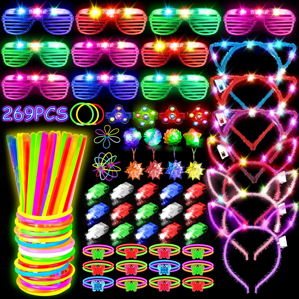 MIBOTE 269Pcs Led Light Up Toys Party Favors Glow in the Dark Party Supplies for Kid/Adults with Light Up Glasses,Headband,Rings,Bracelets,100 Glow Sticks Bulk Party Pack DIY Glow Neon Party Supplies