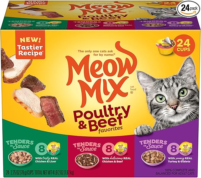 Meow Mix Tender Favorites Poultry & Beef Variety Pack, Wet Cat Food, 2.75 oz Cup (24 Pack)