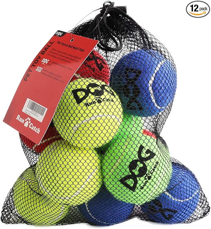 INSUM Tennis Balls for Dogs - 12 Pack 2.5'' Durable Non-Toxic Outdoor Dog Toys Balls with Mesh Bag, SGS Certified, Colorful Fetch Toys, Medium Large Breeds (Non Squeaky)