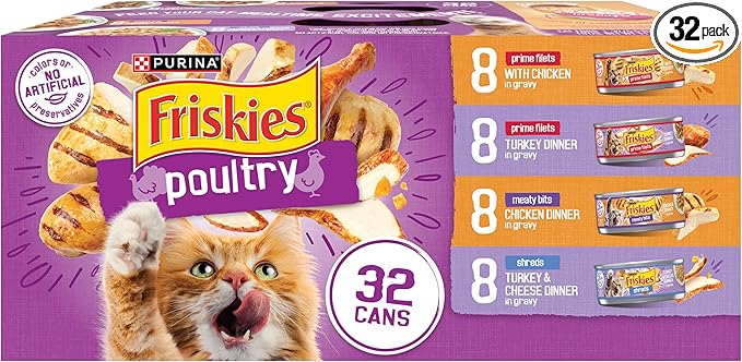 Purina Friskies Gravy Wet Cat Food Variety Pack, Poultry Shreds, Meaty Bits and  Filets - (Pack of 32) 5.5 oz. Cans