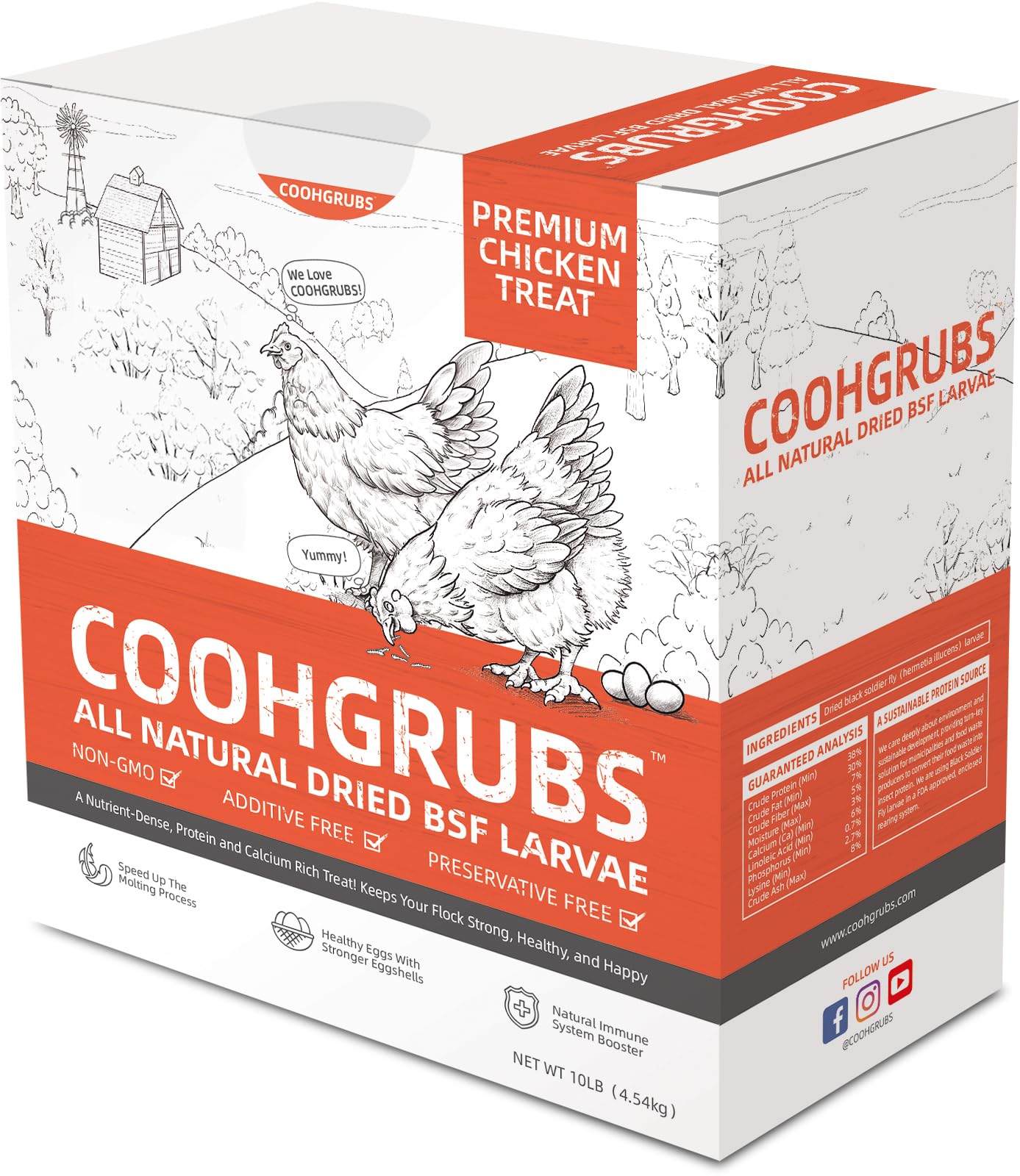 COOHGRUBS Black Soldier Fly Larvae for Chickens – 100% Natural Non-GMO Grubs, 85X More Calcium Than Dried Mealworms – Clean, Nutritious & Delicious High-Protein Poultry & Bird Treats, 10-lb Box
