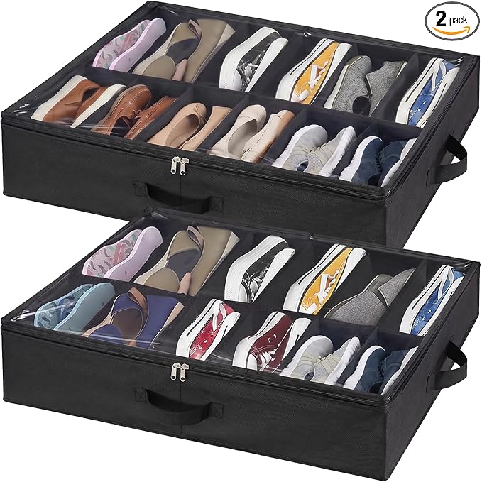 Lifewit Under Bed Shoe Storage Organizer 2 Pack(12 Shoes Cells), 4.3 Inches Profile Fabric Shoes Container Box with Clear Cover, Foldable Storage Bag with 2 Handles, Fits 12 to 24 Pairs