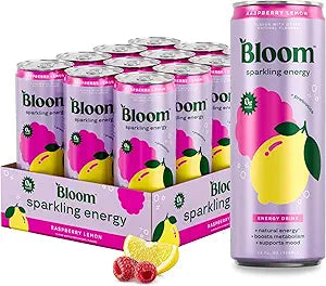 Bloom Nutrition Sparkling Energy Drink for Focus, Natural Caffeine, Zero Sugar, 180mg Caffeine, Antioxidant-Rich with Green Coffee Bean, Green Tea Extract, & Prebiotics, Raspberry Lemon 12oz 12 Pack