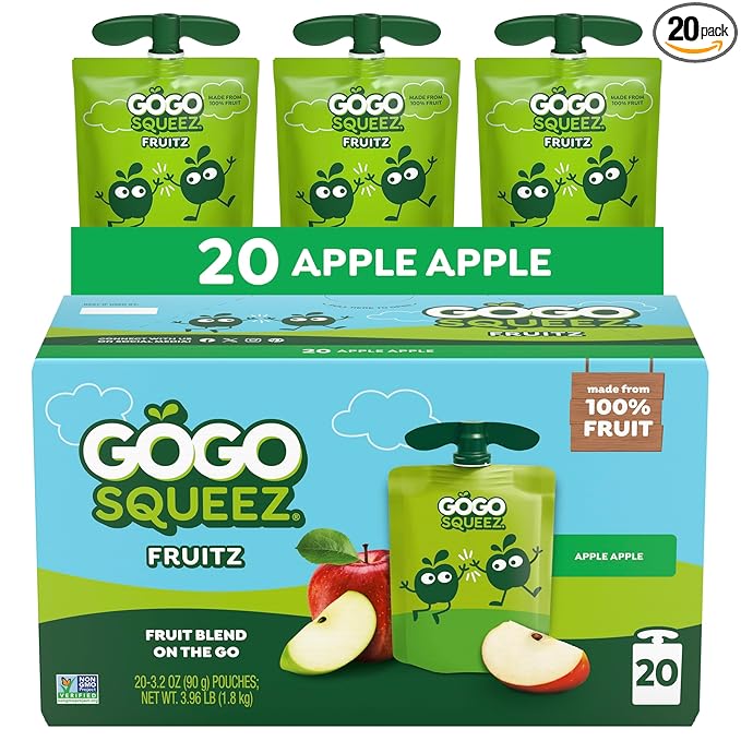 GoGo squeeZ No Sugar Added Applesauce and Fruit Puree, Apple, 3.2 oz Pouches (Pack of 20), Fruit Snacks for Kids, Gluten Free, Nut Free, Recloseable Cap, BPA Free