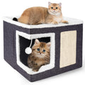 Loyareal Cat Houses for Indoor Cats - Large Cat Bed Cave with Scratch Pad and Fluffy Ball, Foldable Cat Condo Hideaway with Reversible Cushion for Multi Small Pet, Dark Grey
