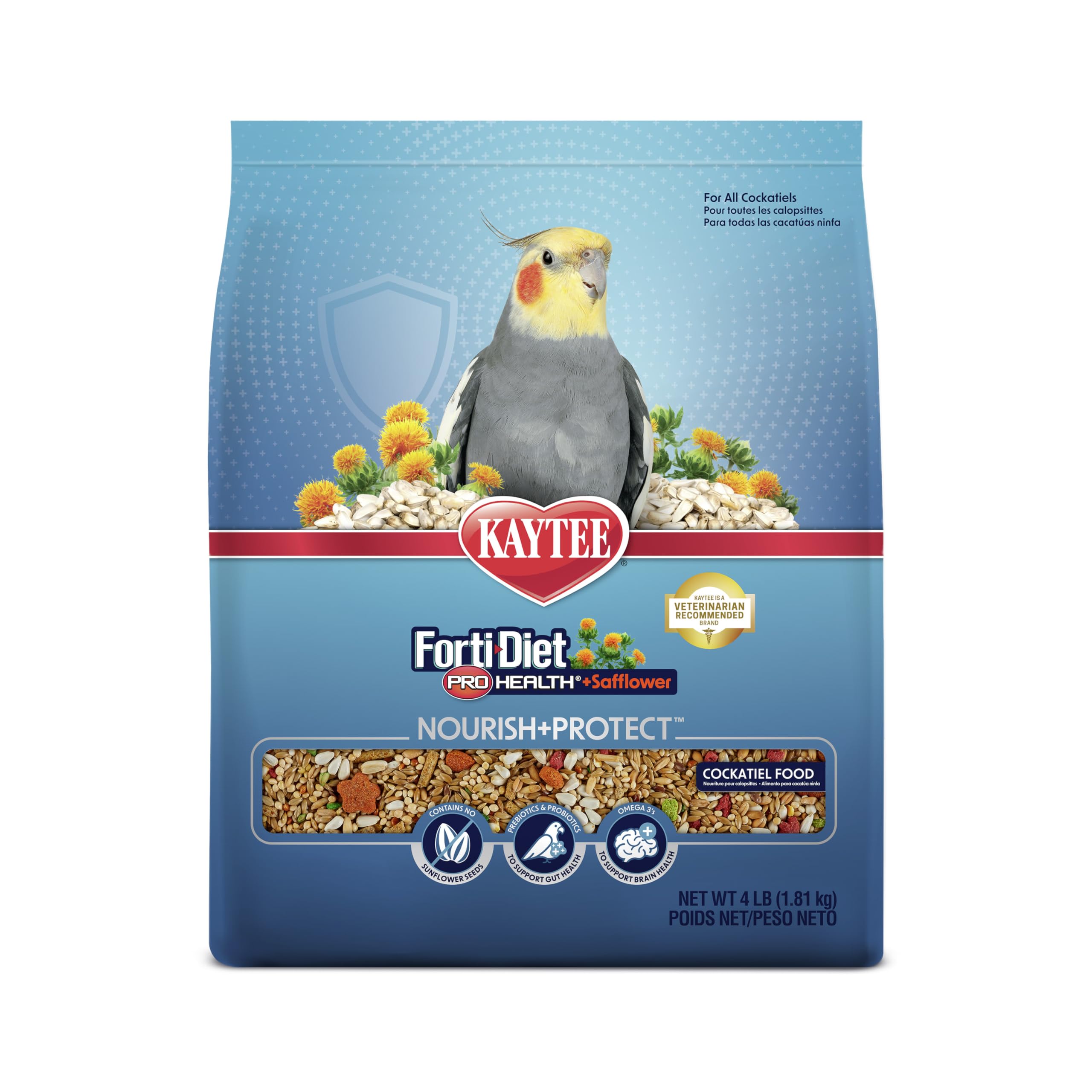 Kaytee Forti-Diet Pro Health+Safflower Nourish+Protect Cockatiel Food, Supports Breeding and Molting, Nutrition Backed by Science, Digestive and Brain Health, 4 pounds
