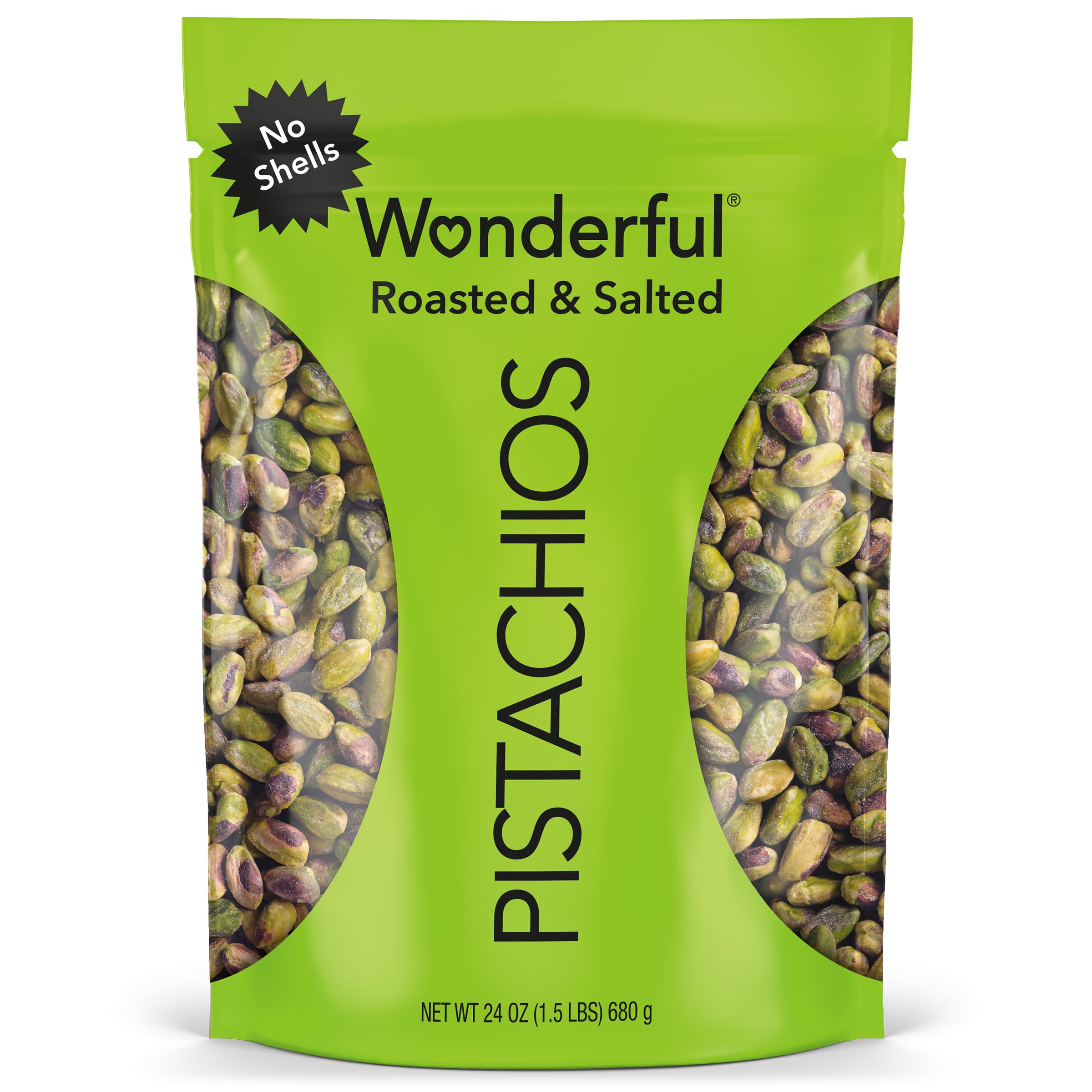 Wonderful Pistachios No Shells, Roasted & Salted Nuts, 24 Ounce Resealable Bag, Protein Snacks, Gluten Free, Healthy Snack