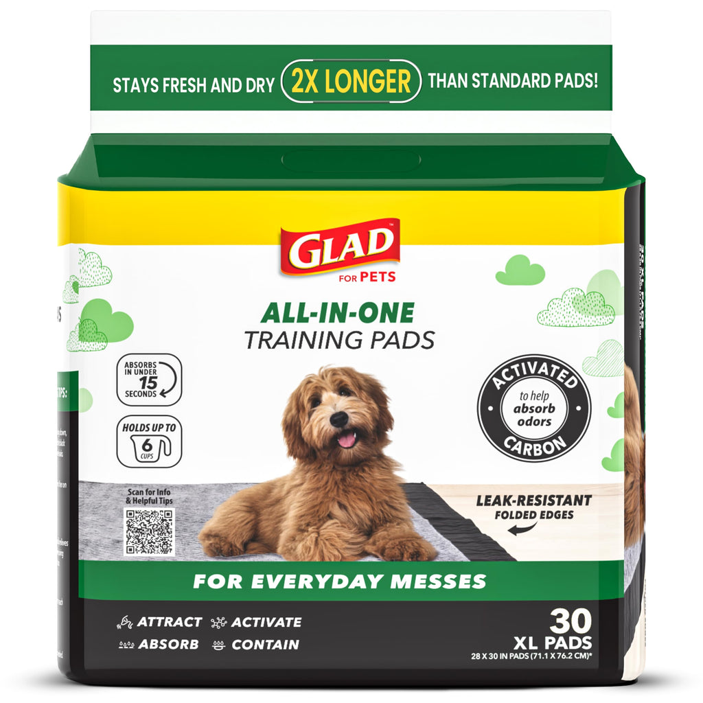 Glad for Pets Extra Large Charcoal Training Pads for Dogs and Puppies, Activated Carbon Odor Control, 6-Layer Absorbent Leak-Proof Pee Pads with Pheromone Attractant, 28 x 30 in, 30 Count
