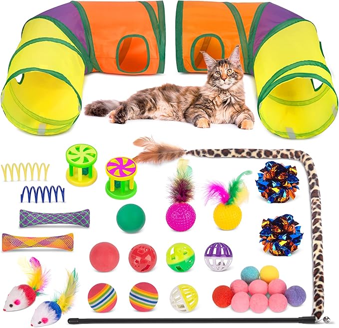Retro Shaw Cat Toys Pack 33Pcs, Interactive Kitten Toys for Indoor Kittens Cats, Collapsible Kitty Play Tunnel Tent Feather Wand Balls Bell Springs Mouse Kitty Toys for All Breeds (2 Tunnel)