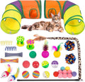 Retro Shaw Cat Toys Pack 33Pcs, Interactive Kitten Toys for Indoor Kittens Cats, Collapsible Kitty Play Tunnel Tent Feather Wand Balls Bell Springs Mouse Kitty Toys for All Breeds (2 Tunnel)
