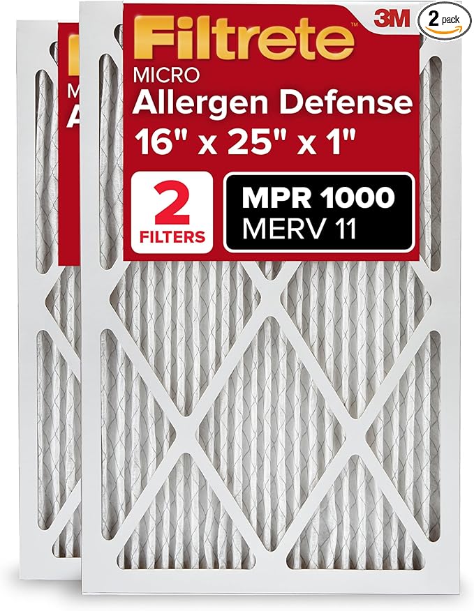 Filtrete 16x25x1 Air Filter MERV 11, MPR 1000 Micro Allergen Defense 2-Pack, AC Furnace HVAC Filters for Home, 3-Month Pleated Electrostatic (Actual Size 15.719 x 24.72 x 0.84 in)