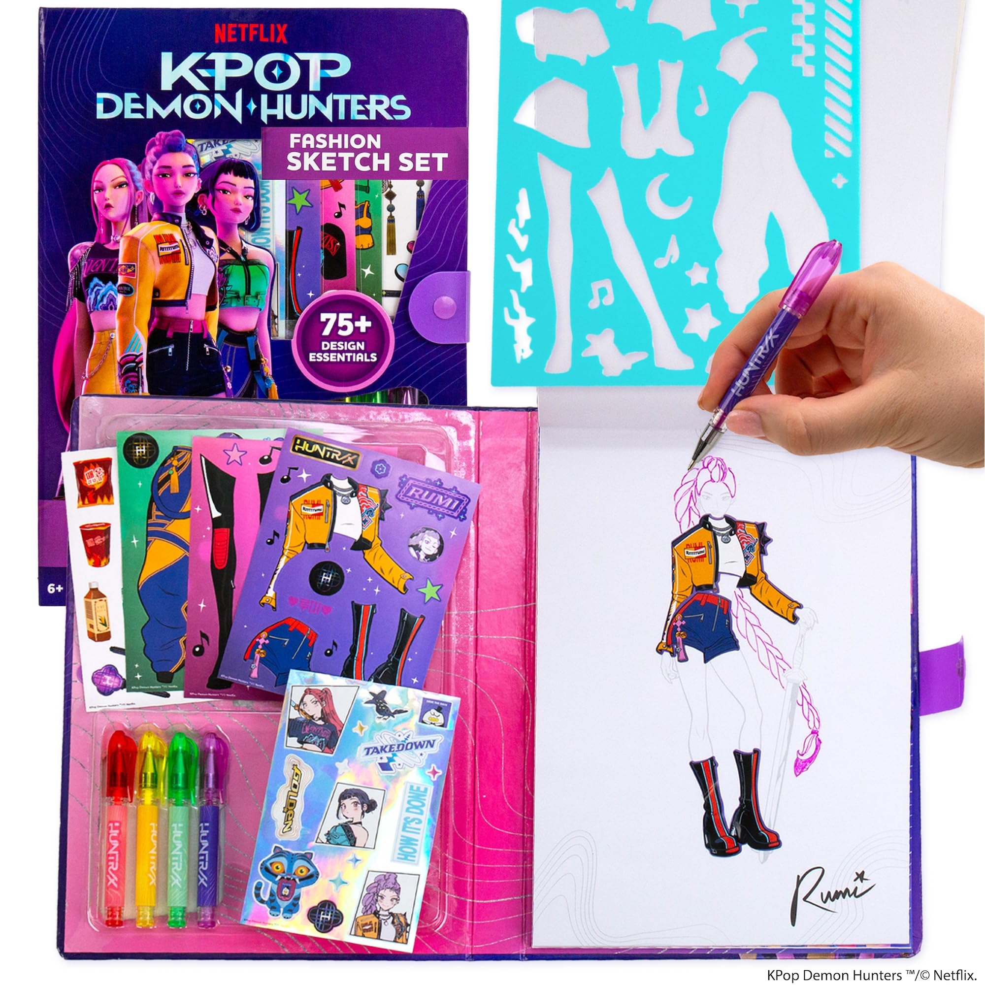 Kpop Demon Hunters™ Fashion Sketch Set, Includes Coloring Book, Gel Pens, Kpop Demon Hunters Stickers, Stencils & More, Great Girls Toys Age 6-8