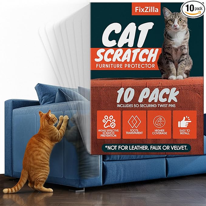 FixZilla Anti Cat Scratch Furniture Protector, 10-Pack Couch Protector from Cat Claws - Heavy-Duty, Easy-to-Apply Scratching Deterrent and Shield for Sofa Corners, Walls, Doors- with 50 Twist Pins
