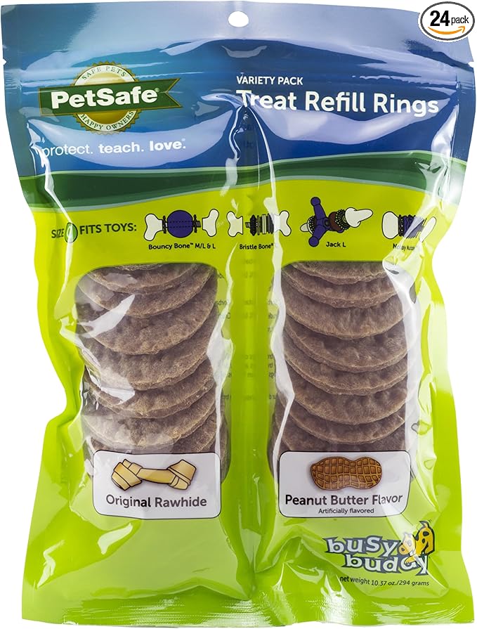 PetSafe Rawhide Treat Ring Refills, Variety Pack, Size C, Original Rawhide and Peanut Butter Flavor, Replacement Treats Busy Buddy Treat Ring Holding Toys