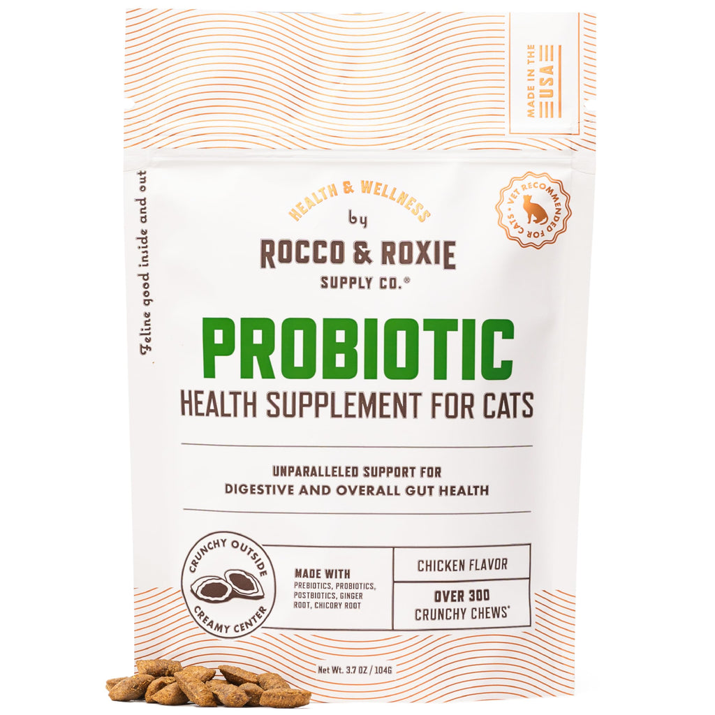 Rocco & Roxie Cat Probiotics, Health Supplement for Cats, Prebiotic & Postbiotic for Digestive + Gut Support, Constipation Relief, Anti Diarrhea, Supplements & Vitamins, Chicken Flavored Crunchy Chews
