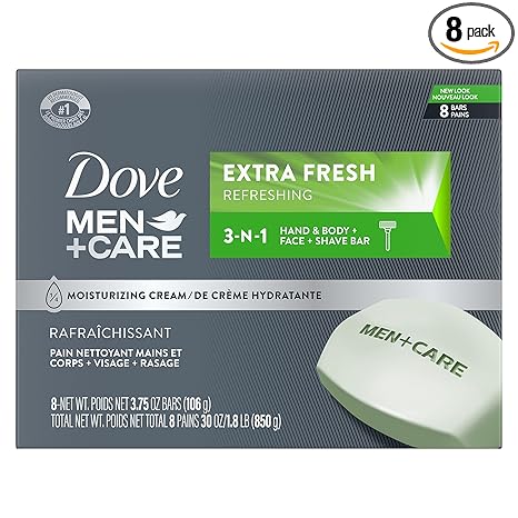 DOVE MEN + CARE 3 in 1 Bar Cleanser for Body, Face, and Shaving Extra Fresh Body and Facial Cleanser More Moisturizing Than Bar Soap to Clean and Hydrate Skin 3.75 Ounce (Pack of 8)