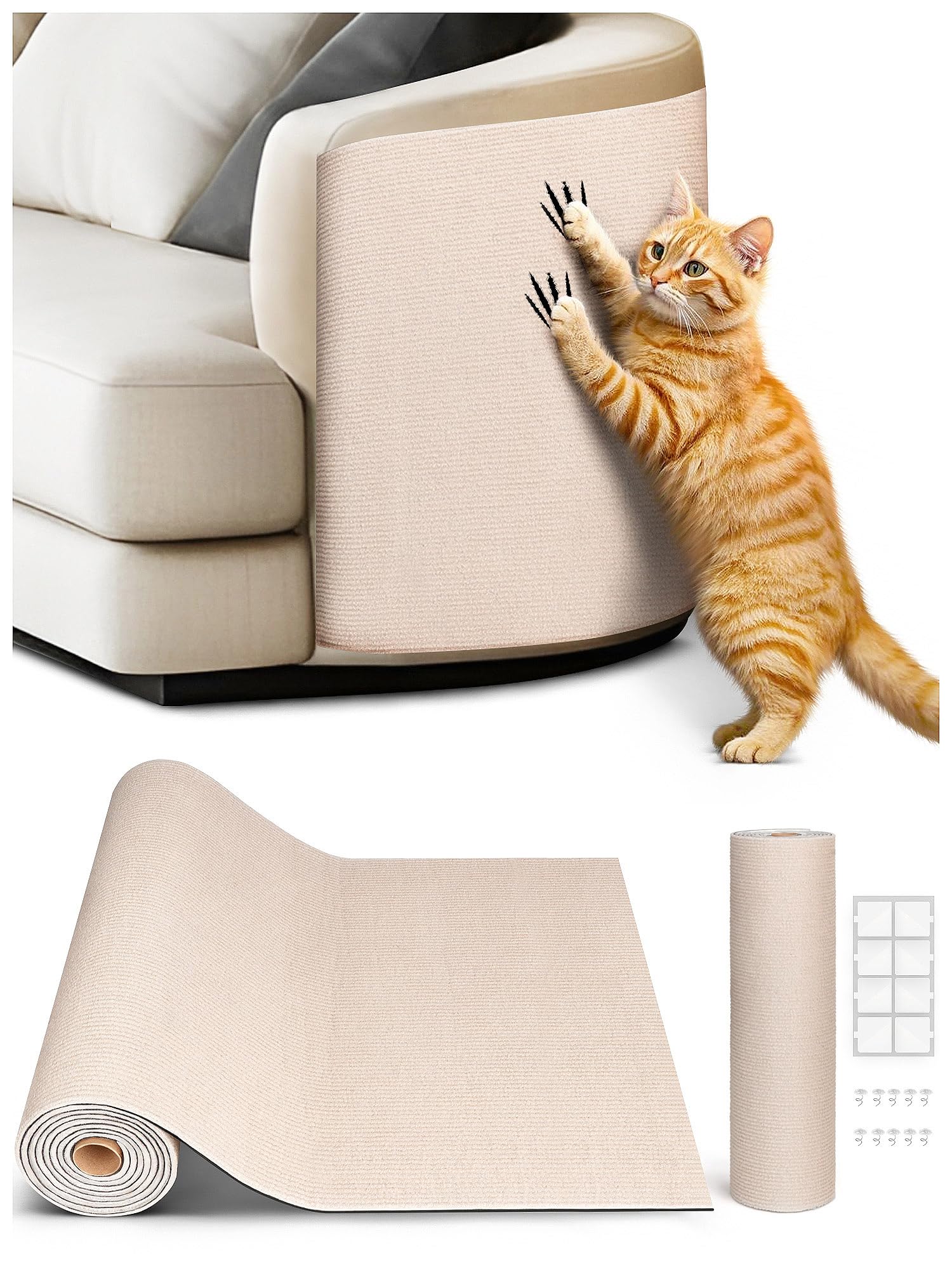 78.7"x15.8" Cat Scratch Mat, Trimmable Self-Adhesive Carpet, DIY Climb Cat Scratcher for Furniture Couch or Wall Protector, Covering Cat Scratching Post Replacement Pads (Beige)