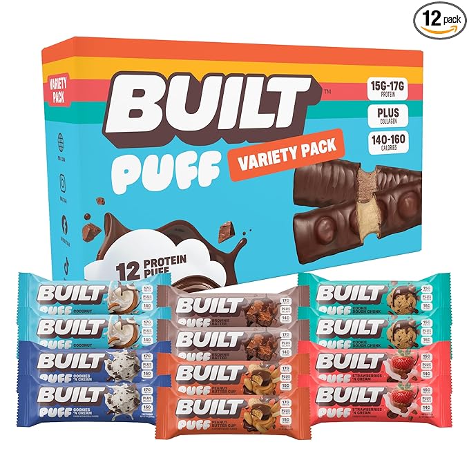 BUILT Bar Puff Protein Bars - Variety Pack - 15-17g Protein Snack Bars with Collagen - Calorie Conscious & Gluten Free - 12 Count, Variety May Vary