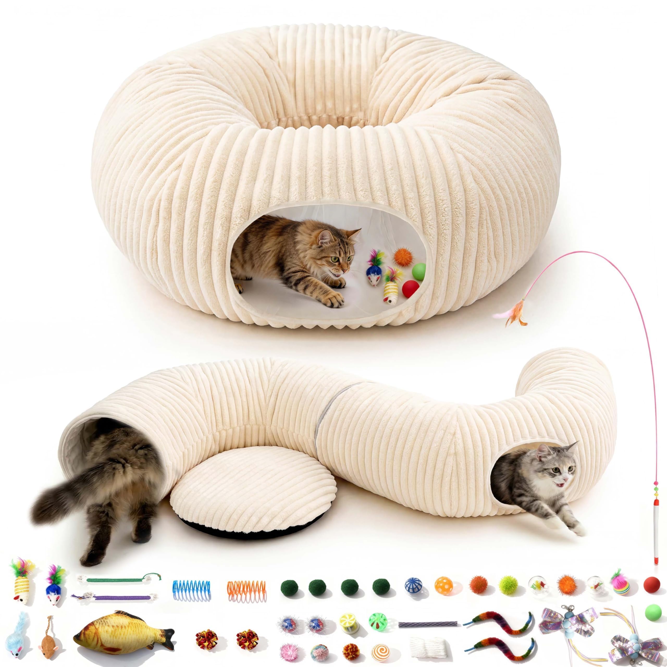 Cat Tunnel Bed with 40 Pcs Interactive Cat Toys, Cat Tube with Kitten Toys for Indoor Kittens, Collapsible Play Tunnel, White