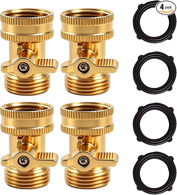 Xiny Tool Brass Garden Hose Shut Off Valve, 4 Pack Heavy Duty 3/4 Inch Solid Brass Garden Hose Shut Off Valve with 4 Extra Rubber Washers