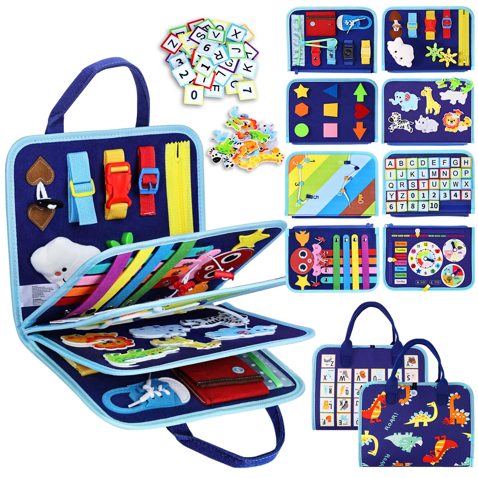Esjay Toddler Busy Board Montessori Toys for Boys, Sensory Book Educational Activities for Learning Fine Motor Skills, Birthday Gifts for Boys Toddlers, Travel Toys for Airplane Car, Blue Dinosaur