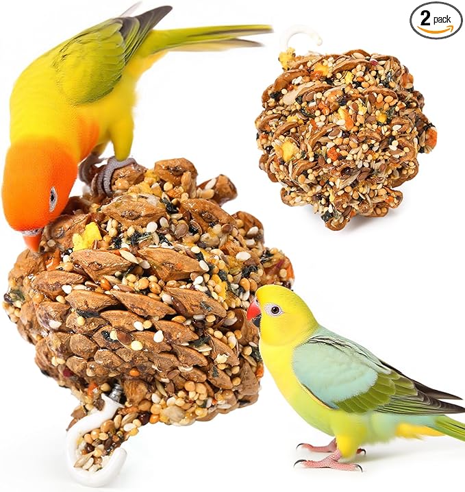 Abizoo Natural Pinecone Chew Toys with Edible Sunflower & Veggies - Malt Sugar Coated Foraging Enrichment for Parrots Cockatiels Conures Budgies Immune & Digestive Support Safe Bird Toy 2pcs