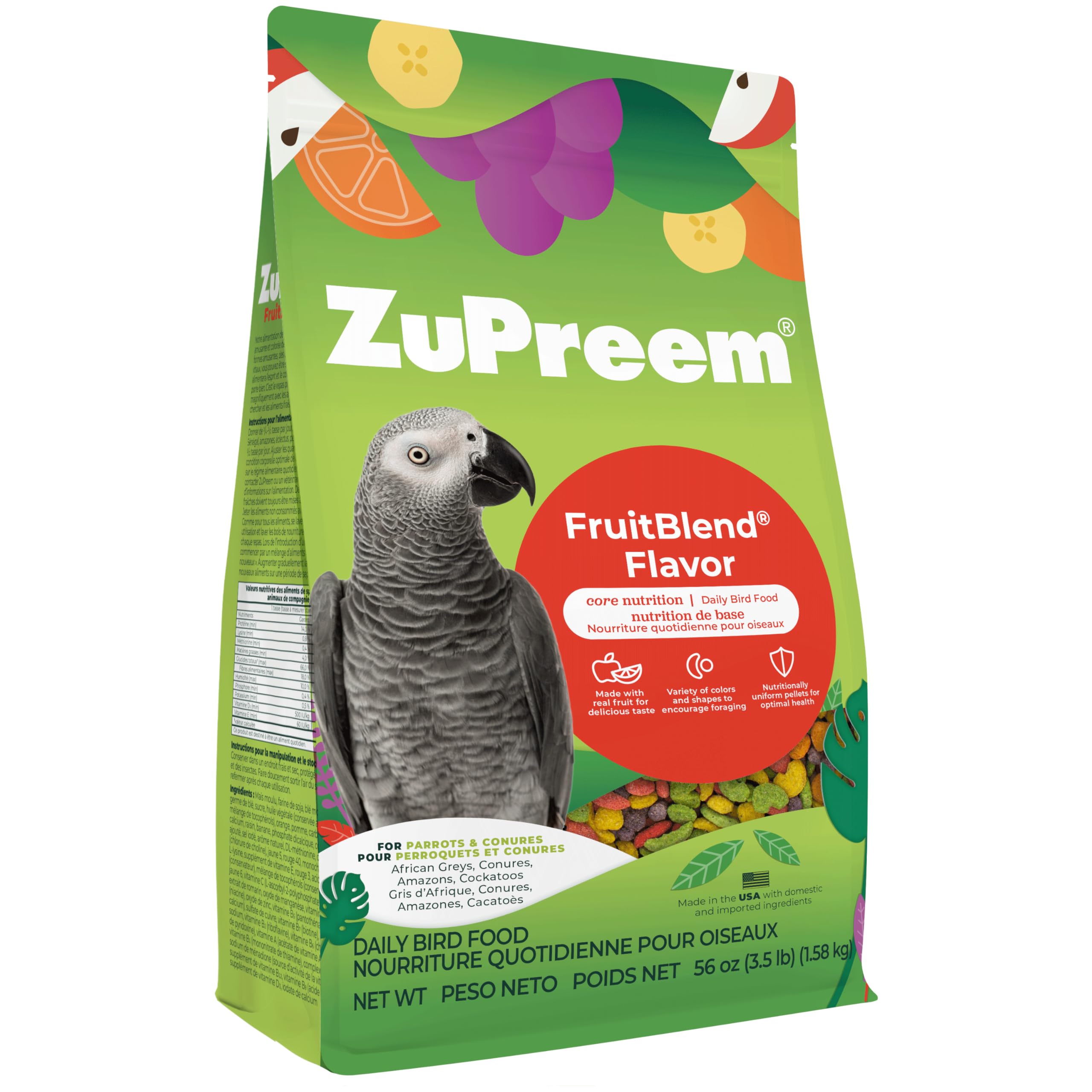 ZuPreem FruitBlend Bird Pellets, Daily Bird Food for Parrot, Conure, Caique, African Grey, Eclectus, Small Cockatoo, Core Nutrition for Medium Large Birds, Parrot Food (ML, 3.5 lbs)