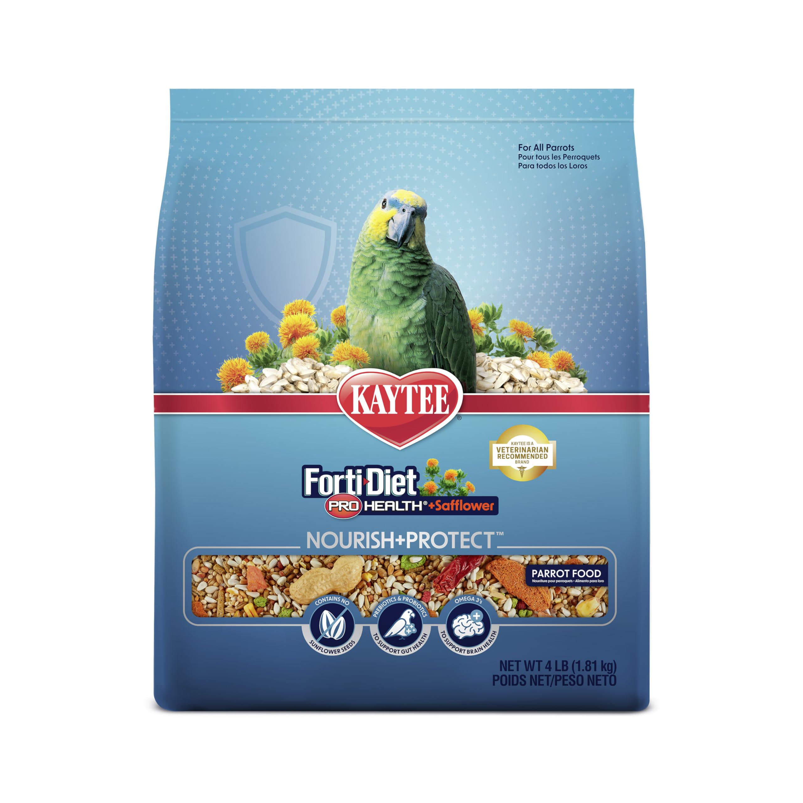 Kaytee Forti-Diet Pro Health+Safflower Nourish+Protect Parrot Food, Supports Breeding and Molting, Nutrition Backed by Science, Digestive and Brain Health, 4 pounds