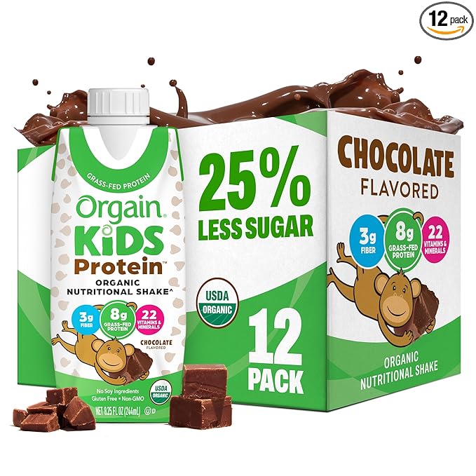 Orgain Organic Kids Nutritional Protein Shake, Chocolate, Healthy Kids Snacks, 8g Dairy Protein, 3g Fiber, 22 Vitamins & Minerals, No Soy Ingredients, Gluten Free, Non-GMO, 8.25 Fl Oz (Pack of 12)
